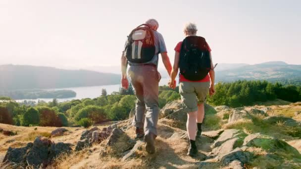高级夫妇穿着背包站在山顶上看美丽风景的后景--慢镜头